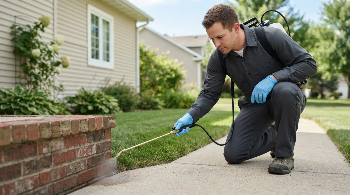 Pest control technician treating a home near Thackerville, OK