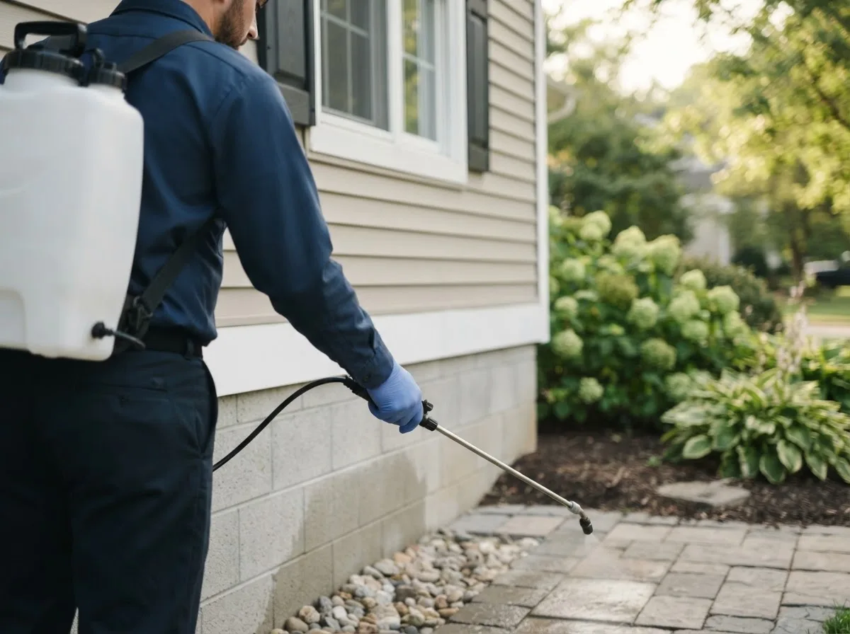 Pest control technician inspecting a home in Thackerville, OK